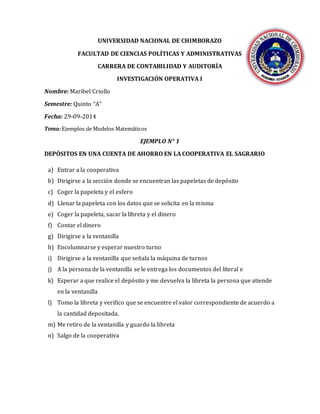 UNIVERSIDAD NACIONAL DE CHIMBORAZO 
FACULTAD DE CIENCIAS POLÍTICAS Y ADMINISTRATIVAS 
CARRERA DE CONTABILIDAD Y AUDITORÍA 
INVESTIGACIÓN OPERATIVA I 
Nombre: Maribel Criollo 
Semestre: Quinto “A” 
Fecha: 29-09-2014 
Tema: Ejemplos de Modelos Matemáticos 
EJEMPLO N° 1 
DEPÓSITOS EN UNA CUENTA DE AHORRO EN LA COOPERATIVA EL SAGRARIO 
a) Entrar a la cooperativa 
b) Dirigirse a la sección donde se encuentran las papeletas de depósito 
c) Coger la papeleta y el esfero 
d) Llenar la papeleta con los datos que se solicita en la misma 
e) Coger la papeleta, sacar la libreta y el dinero 
f) Contar el dinero 
g) Dirigirse a la ventanilla 
h) Encolumnarse y esperar nuestro turno 
i) Dirigirse a la ventanilla que señala la máquina de turnos 
j) A la persona de la ventanilla se le entrega los documentos del literal e 
k) Esperar a que realice el depósito y me devuelva la libreta la persona que atiende 
en la ventanilla 
l) Tomo la libreta y verifico que se encuentre el valor correspondiente de acuerdo a 
la cantidad depositada. 
m) Me retiro de la ventanilla y guardo la libreta 
n) Salgo de la cooperativa 
 