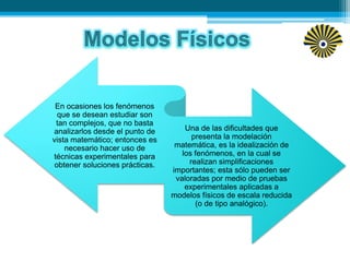 En ocasiones los fenómenos
que se desean estudiar son
tan complejos, que no basta
analizarlos desde el punto de
vista matemático; entonces es
necesario hacer uso de
técnicas experimentales para
obtener soluciones prácticas.
Una de las dificultades que
presenta la modelación
matemática, es la idealización de
los fenómenos, en la cual se
realizan simplificaciones
importantes; esta sólo pueden ser
valoradas por medio de pruebas
experimentales aplicadas a
modelos físicos de escala reducida
(o de tipo analógico).
 