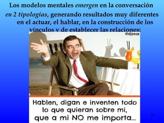 Los modelos mentales emergen en la conversación 
en 2 tipologías, generando resultados muy diferentes 
en el actuar, el hablar, en la construcción de los 
15 
vínculos y de establecer las relaciones: 
 