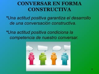 22 
CONVERSAR EN FORMA 
CONSTRUCTIVA 
*Una actitud positiva garantiza el desarrollo 
de una conversación constructiva. 
*Una actitud positiva condiciona la 
competencia de nuestro conversar. 
 