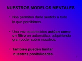 5 
NUESTROS MODELOS MENTALES 
• Nos permiten darle sentido a todo 
lo que percibimos. 
• Una vez establecidos actúan como 
un filtro en automático, adquiriendo 
gran poder sobre nosotros. 
• También pueden limitar 
nuestras posibilidades. 
 