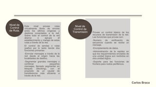 Este nivel provee rutas
virtualmente libres de errores
entre los últimos orígenes y
destinos conectados a la red.
Sobre todo el control de la red
abarca o agrupa el
establecimiento y manejo de estas
rutas a través de la red.
El control de sendas o rutas
(paths) por lo tanto tiende dos
funciones primarias:
-Enrrutar mensajes a través de la
red desde el origen hacia las
localidades de destino.
-Segmentar grandes mensajes o
combinar pequeños
mensajes, llamado segmentar en
bloques (blocking), con el
propósito de un caudal de
transferencia más eficiente a
través de la red.
Nivel de
Control
de Ruta.
Provee un control básico de los
recursos de transmisión de la red.
Las funciones que provee son:
-Numero de verificación de
secuencia cuando se recibe un
mensaje.
-Encriptamiento de datos.
-Administración de la rapidez en
que los requerimientos enviados de
una unidad lógica son recibidos en
otra unidad lógica.
-Soporte para las funciones de
frontera para nodos periféricos.
Nivel de
Control de
Transmisión
Carlos Braca
 