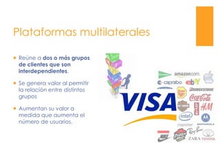 Plataformas multilateralesReúne a dos o más grupos de clientes que son interdependientes.Se genera valor al permitir la relación entre distintos gruposAumentan su valor a medida que aumenta el número de usuarios.