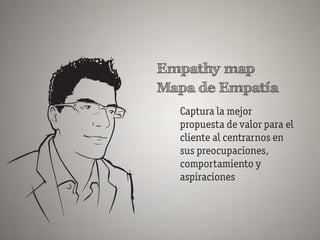 Empathy map
Mapa de Empatía
  Captura la mejor
  propuesta de valor para el
  cliente al centrarnos en
  sus preocupaciones,
  comportamiento y
  aspiraciones
 