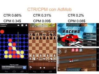 CTR/CPM con AdMob
CTR 0.66%     CTR 0.31%    CTR 0.2%
CPM 0.34$     CPM 0.09$    CPM 0.08$
 