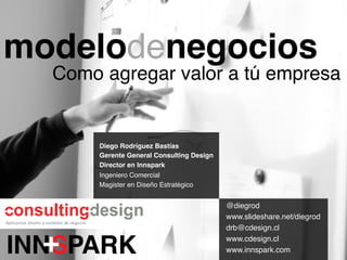 modelodenegocios!
  Como agregar valor a tú empresa!


       Diego Rodríguez Bastías!
       Gerente General Consulting Design!
       Director en Innspark!
       Ingeniero Comercial!
       Magister en Diseño Estratégico!


                                            @diegrod!
                                            www.slideshare.net/diegrod!
                                            drb@cdesign.cl!
                                            www.cdesign.cl!
                                            www.innspark.com!
 
