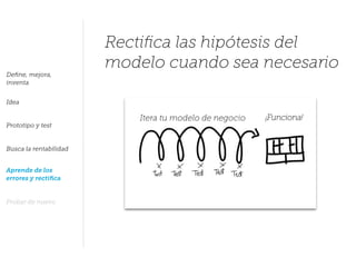 Rectiﬁca las hipótesis del
modelo cuando sea necesario
Itera tu modelo de negocio ¡Funciona!
Deﬁne, mejora,
inventa
Idea
Prototipo y test
Busca la rentabilidad
Aprende de los
errores y rectiﬁca
Probar de nuevo
 