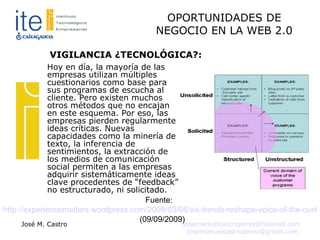 VIGILANCIA ¿TECNOLÓGICA?: Fuente:  http://experiencematters.wordpress.com/2009/03/08/six-trends-reshape-voice-of-the-customer-programs/   (09/09/2009) ‏ Hoy en día, la mayoría de las empresas utilizan múltiples cuestionarios como base para sus programas de escucha al cliente. Pero existen muchos otros métodos que no encajan en este esquema. Por eso, las empresas pierden regularmente ideas críticas. Nuevas capacidades como la minería de texto, la inferencia de sentimientos, la extracción de los medios de comunicación social permiten a las empresas adquirir sistemáticamente ideas clave procedentes de “feedback” no estructurado, ni solicitado. 