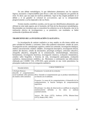 En este debate metodológico, lo que deberíamos plantearnos son los aspectos
lógicos, necesarios e imprescindibles para llevar a cabo una investigación con garantía de
éxito. Es decir, que sea capaz de resolver problemas. Aquí no hay ningún perdedor en el
debate y sí un ganador: la voluntad de acercamiento, que se va enriqueciendo
progresivamente y ya ha empezado a dar sus frutos.
Existen muchos científicos sociales, con los que nos identificamos plenamente, que
afirman no estar nada seguros, por el momento, del fruto de las discusiones metodológicas.
Recomiendan con insistencia que se concentren los esfuerzos no en la discusión, sino en la
realización efectiva de investigaciones y, «a posteriori», con resultados, se habrá
esclarecido el problema del método.
TRADICIONES DE LA INVESTIGACIÓN CUALITATIVA
La investigación de carácter cualitativo es muy amplia; en ella tienen cabida una
gran variedad de métodos y corrientes. Entre ellos podemos mencionar: estudio de casos,
investigación-acción, antropología cognitiva, análisis de contenido, investigación dialógica,
análisis conversacional, estudios «delphi», investigación descriptiva, investigación directa,
análisis del discurso, estudio de documentos, psicología ecológica, criticismo educativo,
etnografía educativa, etnografía de la comunicación, etnometodología, etnociencia,
hermenéutica, investigación heurística, investigación intensiva, evaluación interpretativa,
estudios sobre biografías o historias de vida, investigación participante, evaluación
cualitativa, interaccionismo simbólico, etc. Mostramos a continuación una tabla-síntesis
elaborada por CAJIDE VAL (1992:365), quien presenta en una visión panorámica las
principales tradiciones de la investigación cualitativa.
TRADICIONES

CARACTERÍSTICAS

1.Etología Humana
Fundamento: La teoría de la evolución.
(describe el comportamiento
social modelado sobre patrones Meta: Entender el comportamiento que se produce naturalmente y
de estudios sobre animales)
su relación con el ambiente.
Preguntas: La causa de los comportamientos, el desarrollo de los
comportamientos, la función biológica de comportamientos
específicos.
Metodología: Los datos de observación se codifican en categorías
anatómicamente definidas y los datos se analizan
cuantitativamente.
Autores: Mc Grew (1972); Ambrose (1978); Blurton-Jones
(1972); Hinde (1982, 1983)

46

 