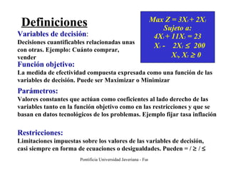 Definiciones Variables de decisión :  Decisiones cuantificables relacionadas unas con otras. Ejemplo: Cuánto comprar, vender Función objetivo:   La medida de efectividad compuesta expresada como una función de las variables de decisión. Puede ser Maximizar o Minimizar Parámetros:   Valores constantes que actúan como coeficientes al lado derecho de las variables tanto en la función objetivo como en las restricciones y que se basan en datos tecnológicos de los problemas. Ejemplo fijar tasa inflación Restricciones:   Limitaciones impuestas sobre los valores de las variables de decisión, casi siempre en forma de ecuaciones o desigualdades. Pueden = /    /   Max Z = 3X 1  + 2X 2 Sujeto a: 4X 1  + 11X 2  = 23 X 1  -  2X 2      200 X 1 , X 2     0 