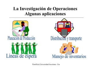 La Investigación de Operaciones Algunas aplicaciones Manejo de inventarios Planeación de Producción Distribución y transporte Líneas de espera 