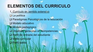 ELEMENTOS DEL CURRICULO
1. Currículo en sentido extensivo
 La política
 Paradigmas Psicológicos de la educación
 Modelo educativo
 Modelo pedagógico
 Objetivos generales en competencias
 Perfil de entrada del estudiante
 Malla curricular
 Perfil salida
 