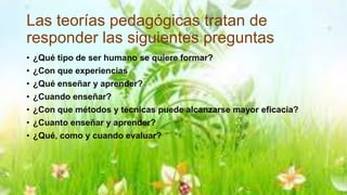 Las teorías pedagógicas tratan de
responder las siguientes preguntas
• ¿Qué tipo de ser humano se quiere formar?
• ¿Con que experiencias
• ¿Qué enseñar y aprender?
• ¿Cuando enseñar?
• ¿Con que métodos y técnicas puede alcanzarse mayor eficacia?
• ¿Cuanto enseñar y aprender?
• ¿Qué, como y cuando evaluar?
 