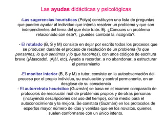 Las ayudas didácticas y psicológicas
-Las sugerencias heurísticas (Polya) constituyen una lista de preguntas
que pueden ayudar al individuo que intenta resolver un problema y que son
independientes del tema del que éste trate. Ej: ¿Conoces un problema
relacionado con éste?, ¿puedes cambiar la incógnita?.
- El rotulado (B, S y M) consiste en dejar por escrito todos los procesos que
se producen durante el proceso de resolución de un problema (lo que
pensamos, lo que sentimos y lo que hacemos), con unos códigos de escritura
breve (¡Atascado!, ¡Ajá!, etc). Ayuda a recordar. a no abandonar, a estructurar
el pensamiento
.
-El monitor interior (B, S y M) o tutor, consiste en la autoobservación del
proceso por el propio individuo, su evaluación y control permanente, en un
desglose de su consciencia
- El autorretrato heurístico (Guzmán) se basa en el examen comparado de
protocolos de resolución real de problemas propios y de otras personas
(incluyendo descripciones del uso del tiempo), como medio para el
autoconocimiento y la mejora. Se constata (Guzmán) en los protocolos de
expertos mayor número de idas y venidas que en los novatos, quienes
suelen conformarse con un único intento.
 