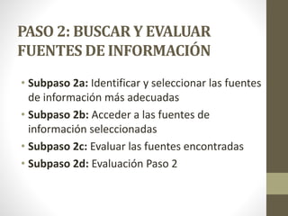 PASO 2: BUSCAR Y EVALUAR
FUENTES DE INFORMACIÓN
• Subpaso 2a: Identificar y seleccionar las fuentes
de información más adecuadas
• Subpaso 2b: Acceder a las fuentes de
información seleccionadas
• Subpaso 2c: Evaluar las fuentes encontradas
• Subpaso 2d: Evaluación Paso 2
 