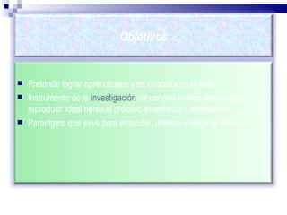 Objetivos Pretende lograr aprendizajes y se concreta en el aula.  Instrumento de la  investigación  de carácter teórico creado para reproducir idealmente el proceso enseñanza - aprendizaje.  Paradigma que sirve para entender, orientar y dirigir la educación.  