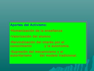 Aportes del Activismo:
•Humanización de la enseñanza
•Valorización del alumno
•Reivindicación del interés por el
conocimiento y la autonomía.
•Supresión del mecanicismo y el
autoritarismo del modelo tradicional.
Aportes del Activismo:
•Humanización de la enseñanza
•Valorización del alumno
•Reivindicación del interés por el
conocimiento y la autonomía.
•Supresión del mecanicismo y el
autoritarismo del modelo tradicional.
 