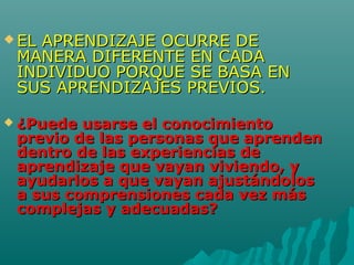  EL APRENDIZAJE OCURRE DEEL APRENDIZAJE OCURRE DE
MANERA DIFERENTE EN CADAMANERA DIFERENTE EN CADA
INDIVIDUO PORQUE SE BASA ENINDIVIDUO PORQUE SE BASA EN
SUS APRENDIZAJES PREVIOSSUS APRENDIZAJES PREVIOS..
 ¿Puede usarse el conocimiento¿Puede usarse el conocimiento
previo de las personas que aprendenprevio de las personas que aprenden
dentro de las experiencias dedentro de las experiencias de
aprendizaje que vayan viviendo, yaprendizaje que vayan viviendo, y
ayudarlos a que vayan ajustándolosayudarlos a que vayan ajustándolos
a sus comprensiones cada vez mása sus comprensiones cada vez más
complejas y adecuadas?complejas y adecuadas?
 