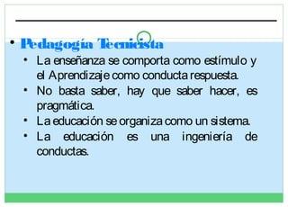 •P
edagogía T
ecnicista

• La enseñanza se comporta como estímulo y
el Aprendizaje como conducta respuesta.
• No basta saber, hay que saber hacer, es
pragmática.
• La educación se organiza como un sistema.
• La educación es una ingeniería de
conductas.

 