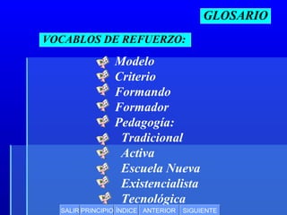 GLOSARIO
VOCABLOS DE REFUERZO:

Modelo
Criterio
Formando
Formador
Pedagogía:
Tradicional
Activa
Escuela Nueva
Existencialista
Tecnológica
SALIR PRINCIPIO ÍNDICE ANTERIOR

SIGUIENTE

 