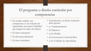 El programa o diseño curricular por
competencias
• En sentido amplio, una
competencia es un conjunto de
capacidades, una macro habilidad
que integra tres tipos de saberes:
• El saber conceptual
• El saber procedimental
• El saber actitudinal
• Formalmente, un diseño curricular
debe aportar
• a) Fundamentación
• b) Objetivos
• c) los Perfiles
• d) la Estructura Curricular Base
• e) las Unidades de Aprendizaje.
 
