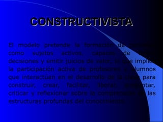 CONSTRUCTIVISTA
CONSTRUCTIVISTA
El modelo pretende la formación de personas
como sujetos activos, capaces de tomar
decisiones y emitir juicios de valor, lo que implica
la participación activa de profesores y alumnos
que interactúan en el desarrollo de la clase para
construir, crear, facilitar, liberar, preguntar,
criticar y reflexionar sobre la comprensión de las
estructuras profundas del conocimiento.
 