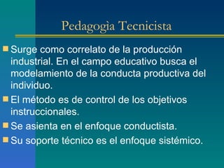 Pedagogìa Tecnicista Surge como correlato de la producción industrial. En el campo educativo busca el modelamiento de la conducta productiva del individuo. El método es de control de los objetivos instruccionales. Se asienta en el enfoque conductista. Su soporte técnico es el enfoque sistémico. 