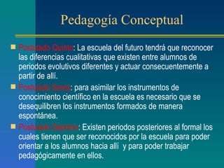 Pedagogía Conceptual Postulado Quinto : La escuela del futuro tendrá que reconocer las diferencias cualitativas que existen entre alumnos de periodos evolutivos diferentes y actuar consecuentemente a partir de allí. Postulado Sexto : para asimilar los instrumentos de conocimiento científico en la escuela es necesario que se desequilibren los instrumentos formados de manera espontánea. Postulado Séptimo : Existen periodos posteriores al formal los cuales tienen que ser reconocidos por la escuela para poder orientar a los alumnos hacia allí  y para poder trabajar pedagógicamente en ellos. 