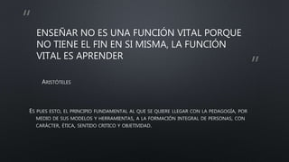 “
”
ENSEÑAR NO ES UNA FUNCIÓN VITAL PORQUE
NO TIENE EL FIN EN SI MISMA, LA FUNCIÓN
VITAL ES APRENDER
 