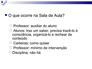  O que ocorre na Sala de Aula?
 Professor: auxiliar do aluno
 Alunos: traz um saber, precisa trazê-lo à
consciência, organizá-lo e rechear de
conteúdo
 Carteiras: como quiser
 Professor: mínimo de intervenção
Disciplina: não há
 