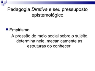  Empirismo
A pressão do meio social sobre o sujeito
determina nele, mecanicamente as
estruturas do conhecer
Pedagogia Diretiva e seu pressuposto
epistemológico
 