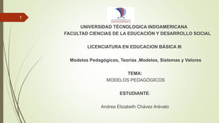 1
UNIVERSIDAD TÉCNOLOGICA INDOAMERICANA
FACULTAD CIENCIAS DE LA EDUCACIÓN Y DESARROLLO SOCIAL
LICENCIATURA EN EDUCACION BÁSICA III
Modelos Pedagógicos, Teorías ,Modelos, Sistemas y Valores
TEMA:
MODELOS PEDAGÓGICOS
ESTUDIANTE:
Andrea Elizabeth Chávez Arévalo
 