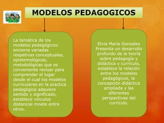La temática de los
modelos pedagógicos:           Elvia María Gonzales
encierra variadas             Presenta un desarrollo
respetivas conceptuales,       profundo de la teoría
epistemológicas,                sobre pedagogía y
metodológicas que es           didáctica y currículo,
conveniente revisar para       establece la relación
comprender el lugar             entre los modelos
desde el cual los modelos         pedagógicos, la
curriculares en la practica    concepción didáctica
pedagógica adquiere               ampliada y las
sentido y significado,               diferentes
establece vínculos               perspectivas del
distancial mnete entre               currículo.
otros.
 