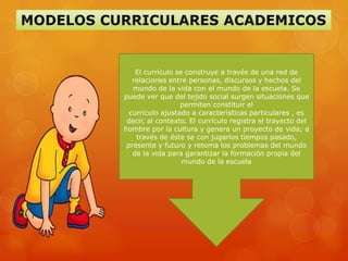El currículo se construye a través de una red de
   relaciones entre personas, discursos y hechos del
   mundo de la vida con el mundo de la escuela. Se
puede ver que del tejido social surgen situaciones que
                  permiten constituir el
  currículo ajustado a características particulares , es
 decir, al contexto. El currículo registra el trayecto del
hombre por la cultura y genera un proyecto de vida; a
    través de éste se con jugarlos tiempos pasado,
 presente y futuro y retoma los problemas del mundo
   de la vida para garantizar la formación propia del
                   mundo de la escuela
 