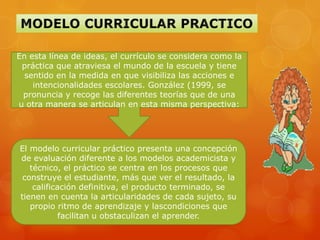 En esta línea de ideas, el currículo se considera como la
 práctica que atraviesa el mundo de la escuela y tiene
  sentido en la medida en que visibiliza las acciones e
    intencionalidades escolares. González (1999, se
 pronuncia y recoge las diferentes teorías que de una
u otra manera se articulan en esta misma perspectiva:




El modelo curricular práctico presenta una concepción
de evaluación diferente a los modelos academicista y
   técnico, el práctico se centra en los procesos que
 construye el estudiante, más que ver el resultado, la
    calificación definitiva, el producto terminado, se
tienen en cuenta la articularidades de cada sujeto, su
   propio ritmo de aprendizaje y lascondiciones que
            facilitan u obstaculizan el aprender.
 