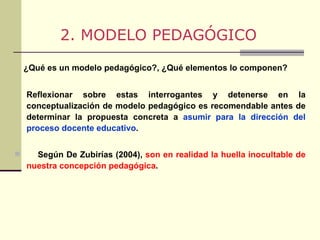 ¿Qué es un modelo pedagógico?, ¿Qué elementos lo componen? Reflexionar sobre estas interrogantes y detenerse en la conceptualización de modelo pedagógico es recomendable antes de determinar la propuesta concreta a  asumir para la dirección del proceso docente educativo . Según De Zubirías (2004),  son en realidad la huella inocultable de nuestra concepción pedagógica . 2. MODELO PEDAGÓGICO 