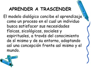 APRENDER A TRASCENDER  El modelo dialógico concibe el aprendizaje como un proceso en el cual un individuo busca satisfacer sus necesidades físicas, sicológicas, sociales y espirituales, a través del conocimiento de sí mismo y de su entorno, adoptando así una concepción frente así mismo y el mundo.  