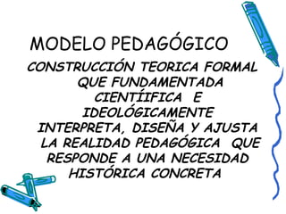 MODELO PEDAGÓGICO CONSTRUCCIÓN TEORICA FORMAL  QUE FUNDAMENTADA CIENTÍIFICA  E IDEOLÓGICAMENTE INTERPRETA, DISEÑA Y AJUSTA  LA REALIDAD PEDAGÓGICA  QUE RESPONDE A UNA NECESIDAD HISTÓRICA CONCRETA  