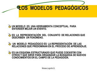 LOS  MODELOS  PEDAGÓGICOS <ul><li>UN MODELO  ES  UNA HERRAMIENTA CONCEPTUAL  PARA ENTENDER MEJOR UN EVENTO. </li></ul><ul>...