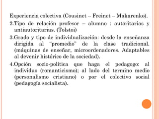 Experiencia colectiva (Cousinet – Freinet – Makarenko). 2.Tipo de relación profesor – alumno : autoritarias y antiautoritarias. (Tolstoi) 3.Grado y tipo de individualización: desde la enseñanza dirigida al “promedio” de la clase tradicional. (máquinas de enseñar, microordenadores. Adaptables al devenir histórico de la sociedad). 4.Opción socio-política que haga el pedagogo: al individuo (romanticismo); al lado del termino medio (personalismo cristiano) o por el colectivo social (pedagogía socialista). 