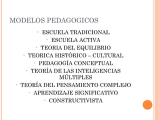 MODELOS PEDAGOGICOS <ul><li>ESCUELA TRADICIONAL </li></ul><ul><li>ESCUELA ACTIVA </li></ul><ul><li>TEORIA DEL EQUILIBRIO <...