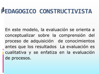 PEDAGOGICO CONSTRUCTIVISTA

 En este modelo, la evaluación se orienta a
 conceptualizar sobre la comprensión del
 proceso de adquisición de conocimientos
 antes que los resultados La evaluación es
 cualitativa y se enfatiza en la evaluación
 de procesos.
 