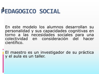 PEDAGOGICO SOCIAL

 En este modelo los alumnos desarrollan su
 personalidad y sus capacidades cognitivas en
 torno a las necesidades sociales para una
 colectividad en consideración del hacer
 científico.

 El maestro es un investigador de su práctica
 y el aula es un taller.
 