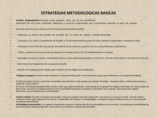 ESTRATEGIAS METODOLOGICAS BASICAS Estudio  independiente:  Durante  estas  sesiones,  cada  uno  de  los  estudiantes dispondrá  de  una  serie  materiales  didácticos  y  recursos  multimedios  que  le permitirán  abordar  el  tema  de  estudio.   Durante esta fase de su proceso de formación cada estudiante podrá:   ·  Organizar  su  horario  de  estudio  de  acuerdo  con  su  estilo  de  trabajo  y tiempo disponible.   ·  Consultar a su  tutor y compañeros de estudio a  fin de intercambiar puntos de vista, resolver inquietudes o compartir notas.   ·  Participar en los foros de discusiones sincrónicas o asincrónicas y aportar con sus conocimientos y experiencia.   ·  Visitar y explorar los recursos de que dispone en el aula virtual a fin de complementar su trabajo.   · Investigar en bases de datos, revistas electrónicas, sitios web especializados, entre otros, a fin de profundizar en los temas de estudio.   · Seleccionar los integrantes de su grupo de estudio.    · Acordar el cronograma de trabajo para cumplir con las exigencias académicas.   Trabajo en grupos:  Durante estas sesiones, el docente debe guiar a los estudiantes para que conformen sus equipos de trabajo   El docente debe estimar un tiempo razonable que permita a cada equipo de trabajo investigar, recopilar datos, realizar discusiones y elaborar el documento En estas actividades grupales debe quedar claro que cada estudiante, como parte de un grupo de trabajo, tiene que ser responsable de dos cosas: ser activo y comprometerse con la actividad del equipo y auxiliar a miembros de su equipo  para que estos logren demostrar sus competencias y aprendizajes.   Tutoría virtual:  Durante el tiempo de estudio, el alumno podrá consultar al docente, vía email y a la vez en el chat, a fin de aclarar todas las dudas que le generen los textos y materiales de trabajo, la metodología o cualquier aspecto relacionado con el proceso de enseñanza aprendizaje. Actividades presenciales:  Un aspecto importante durante el desarrollo de las actividades en aula virtual, lo constituye la posibilidad de que el docente pueda programar, de acuerdo a su criterio, sesiones presenciales   