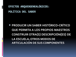EFECTOS ARQUEOGENEALÓGICOS:
POLÍTICA DEL SABER



 PRODUCIR UN SABER HISTÓRICO-CRÍTICO
  QUE PERMITA A LOS PROPIOS MAESTROS
  CONSTRUIR OTRA(S) DESCRIPCIÓN(ES) DE
  LA ESCUELA; OTROS MODOS DE
  ARTICULACIÓN DE SUS COMPONENTES
 