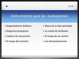 Instrumentos para las evaluaciones
 Organizadores Gráficos
 Diagrama jerárquico
 Cadena de secuencias
 El mapa del carácter
 Mesa de la idea principal
 La rueda de atributos
 El mapa de un cuento
 Las dramatizaciones
 