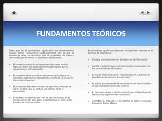 FUNDAMENTOS TEÓRICOS
Dado que en el aprendizaje significativo los conocimientos
nuevos deben relacionarse sustancialmente con lo que el
alumno ya sabe, es necesario que se presenten, de manera
simultánea, por lo menos las siguientes condiciones:
 El contenido que se ha de aprender debe tener sentido
lógico, es decir, ser potencialmente significativo, por su
organización y estructuración.
 El contenido debe articularse con sentido psicológico en la
estructura cognoscitiva del aprendiz, mediante su anclaje en
los conceptos previos.
 El estudiante debe tener deseos de aprender, voluntad de
saber, es decir, que su actitud sea positiva hacia el
aprendizaje.
 En síntesis, los aprendizajes han de ser funcionales, en el
sentido que sirvan para algo, y significativos, es decir, estar
basados en la comprensión.
El aprendizaje significativo presenta las siguientes ventajas en el
proceso de aprendizaje:
 Produce una retención más duradera de la información.
 Facilita el adquirir nuevos conocimientos relacionados con
los anteriormente adquiridos.
 La nueva información al ser relacionada con la anterior, es
guardada en la memoria a largo plazo.
 Es activo, pues depende de la asimilación de las actividades
de aprendizaje por parte del alumno.
 Es personal, ya que la significación de aprendizaje depende
los recursos cognitivos del estudiante.
 AUSUBEL, D., NOVACK, J. y HANESIAN, H. (1983). Psicología
Educativa, Trillas. México.
 