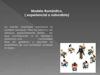 Modelo Romántico.
( experiencial o naturalista)
La fuente: Aristóteles mencionó la
palabra anarquía. Pero los cínicos y los
estoicos, especialmente Zenón , los
que contraponen a la república
platónica una comunidad
libre sin gobierno y apuntan la
posibilidad de una sociedad universal
sin leyes .
 