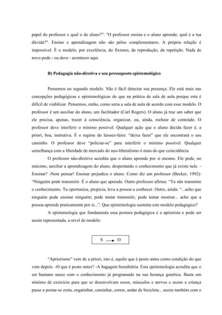 papel do professor e qual o do aluno?": "O professor ensina e o aluno aprende; qual é a tua
dúvida?". Ensino e aprendizagem não são pólos complementares. A própria relação é
impossível. É o modelo, por excelência, do fixismo, da reprodução, da repetição. Nada de
novo pode - ou deve - acontecer aqui.
B) Pedagogia não-diretiva e seu pressuposto epistemológico
Pensemos no segundo modelo. Não é fácil detectar sua presença. Ele está mais nas
concepções pedagógicas e epistemológicas do que na prática de sala de aula porque esta é
difícil de viabilizar. Pensemos, então, como seria a sala de aula de acordo com esse modelo. O
professor é um auxiliar do aluno, um facilitador (Carl Rogers). O aluno já traz um saber que
ele precisa, apenas, trazer à consciência, organizar, ou, ainda, rechear de conteúdo. O
professor deve interferir o mínimo possível. Qualquer ação que o aluno decida fazer é, a
priori, boa, instrutiva. É o regime do laissez-faire: “deixa fazer” que ele encontrará o seu
caminho. O professor deve “policiar-se” para interferir o mínimo possível. Qualquer
semelhança com a liberdade de mercado do neo-liberalismo é mais do que coincidência
O professor não-diretivo acredita que o aluno aprende por si mesmo. Ele pode, no
máximo, auxiliar a aprendizagem do aluno, despertando o conhecimento que já existe nele. -
Ensinar? -Nem pensar! Ensinar prejudica o aluno. Como diz um professor (Becker, 1992):
“Ninguém pode transmitir. É o aluno que aprende. Outro professor afirma: “Tu não transmite
o conhecimento. Tu oportuniza, propicia, leva a pessoa a conhecer. Outro, ainda: “...acho que
ninguém pode ensinar ninguém; pode tentar transmitir, pode tentar mostrar... acho que a
pessoa aprende praticamente por si...”. Que epistemologia sustenta este modelo pedagógico?
A epistemologia que fundamenta essa postura pedagógica é a apriorista e pode ser
assim representada, a nível de modelo:
“Apriorismo” vem de a priori, isto é, aquilo que é posto antes como condição do que
vem depois. -O que é posto antes? -A bagagem hereditária. Esta epistemologia acredita que o
ser humano nasce com o conhecimento já programado na sua herança genética. Basta um
mínimo de exercício para que se desenvolvam ossos, músculos e nervos e assim a criança
passe a postar-se ereta, engatinhar, caminhar, correr, andar de bicicleta... assim também com o
S O
 