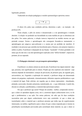 legitimado, portanto.
Traduzindo em relação pedagógica o modelo epistemológico apriorista, temos:
O aluno (A), pelas suas condições prévias, determina a ação - ou inanição - do
professor (P).
Nesta relação, o pólo do ensino é desautorizado e o da aprendizagem é tornado
absoluto. A relação vai perdendo sua fecundidade na exata medida em que se absolutiza um
dos pólos. Em outras palavras, a relação torna-se impossível na medida mesma em que
pretende avançar. Ensino e aprendizagem não conseguem fecundar-se mutuamente: a
aprendizagem por julgar-se auto-suficiente e o ensino por ser proibido de interferir. O
resultado é um processo que caminha inevitavelmente para o fracasso, com prejuízo imposto a
ambos os pólos. O professor é despojado de sua função, “sucateado”. O aluno guindado a um
status que ele não tem e sua não-aprendizagem explicada como “déficit herdado”; impossível,
portanto, de ser superado.
C) Pedagogia relacional e seu pressuposto epistemológico
O professor e os alunos entram na sala de aula. O professor traz algum material - algo
que, presume, tem significado para os alunos. Propõe que eles explorem este material - cuja
natureza depende do destinatário: crianças de pré-escola, de primeiro grau, de segundo grau,
universitários, etc. Esgotada a exploração do material, o professor dirige um determinado
número de perguntas, explorando, sistematicamente, diferentes aspectos problemáticos a que
o material dá lugar. Pode solicitar, em seguida, que os alunos representem - desenhando,
pintando, escrevendo, fazendo cartunismo, teatralizando, etc. - o que elaboraram. A partir daí,
discute-se a direção, a problemática, o material da(s) próxima(s) aula(s).
Por que o professor age assim? Porque ele acredita - melhor, compreende (teoria) -
que o aluno só aprenderá alguma coisa, isto é, construirá algum conhecimento novo, se ele
agir e problematizar a sua ação. Em outras palavras, ele sabe que há duas condições
necessárias para que algum conhecimento novo seja construído: a) que o aluno aja
(assimilação) sobre o material que o professor presume que tenha sigo de cognitivamente
interessante, ou melhor, significativo para o aluno; b) que o aluno responda para si mesmo às
perturbações (acomodação) provocadas pela assimilação deste material, ou, que o aluno se
A P
 